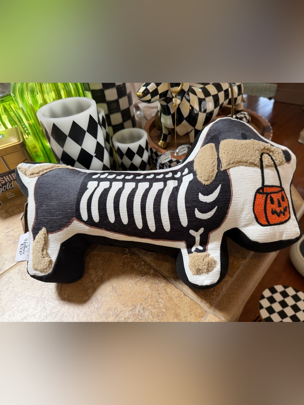 Halloween Dachshund Skeleton Embroidered Accents Pillow